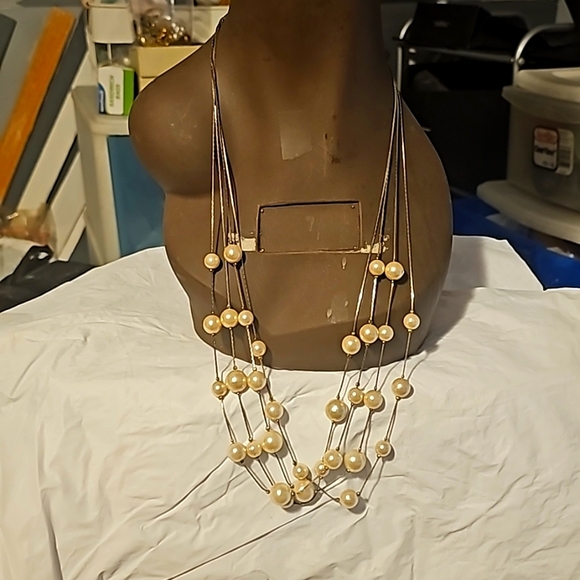 Long Layered Silvertone 4 Stand Necklace w/Fine Chains, Cultured Pearls, 28" - Picture 3 of 7